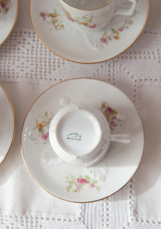Antiguo juego café para 6 porcelana francesa Limoges florecillas (15 PIEZAS)