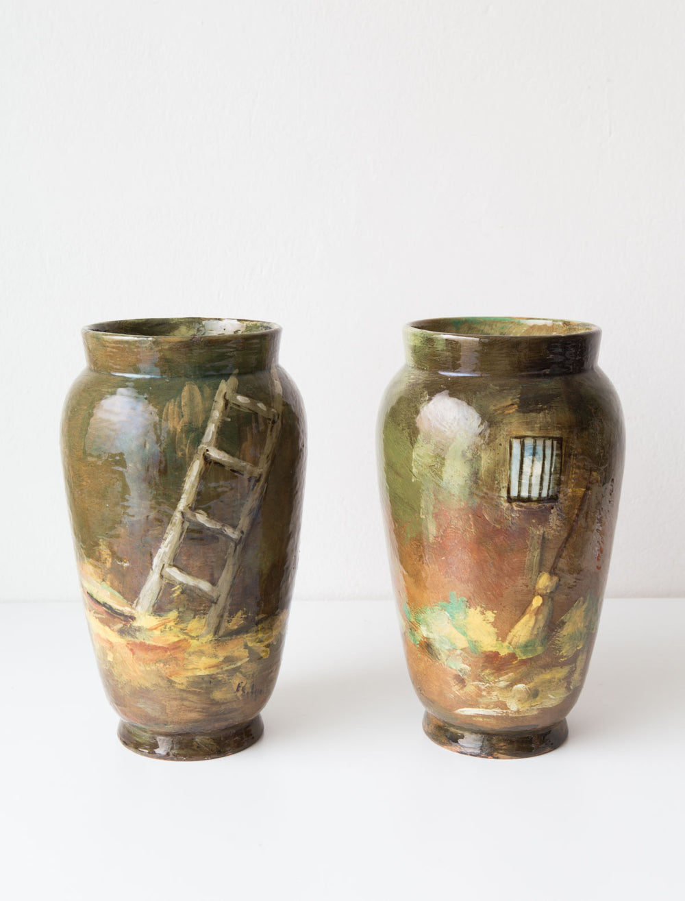 Pareja antiguos jarrones cerámica pintada Theodore Lefront s. XIX paire vases anciens