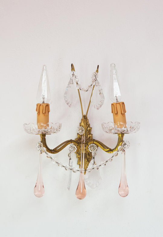 Aplique vintage francés latón y lágrimas de cristal rosa o azul (32 cm)