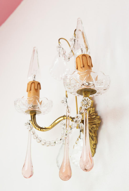 Aplique vintage francés latón y lágrimas de cristal rosa o azul (32 cm)