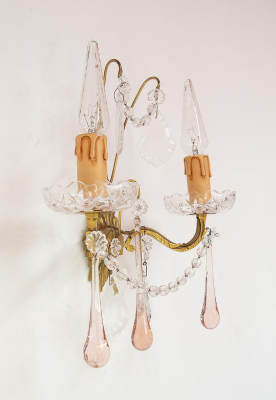 Aplique vintage francés latón y lágrimas de cristal rosa o azul (32 cm)