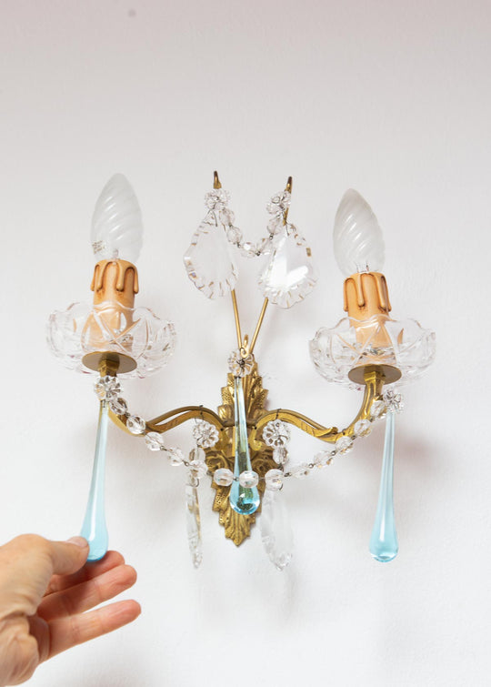 Aplique vintage francés latón y lágrimas de cristal rosa o azul (32 cm)