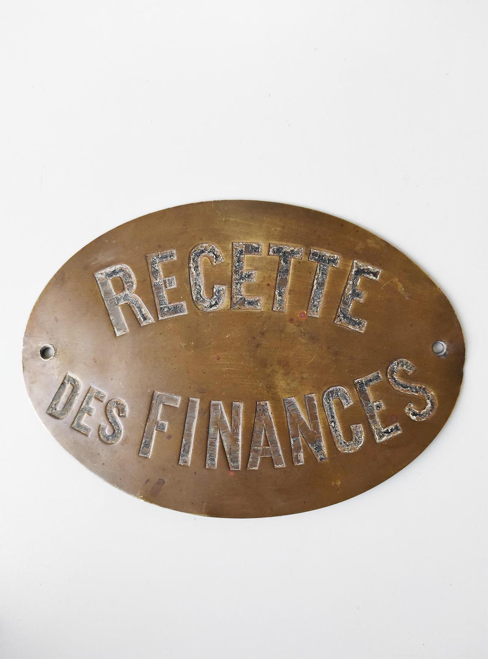 Antigua y pequeña placa francesa "Recette des Finances" en latón (20 cm)