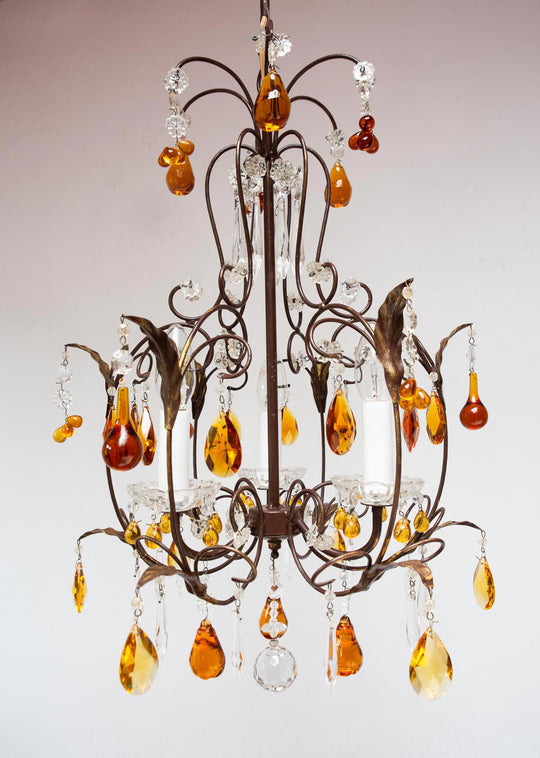 Lámpara de techo italiana "jaula" vintage cristales ámbar (44 cm)