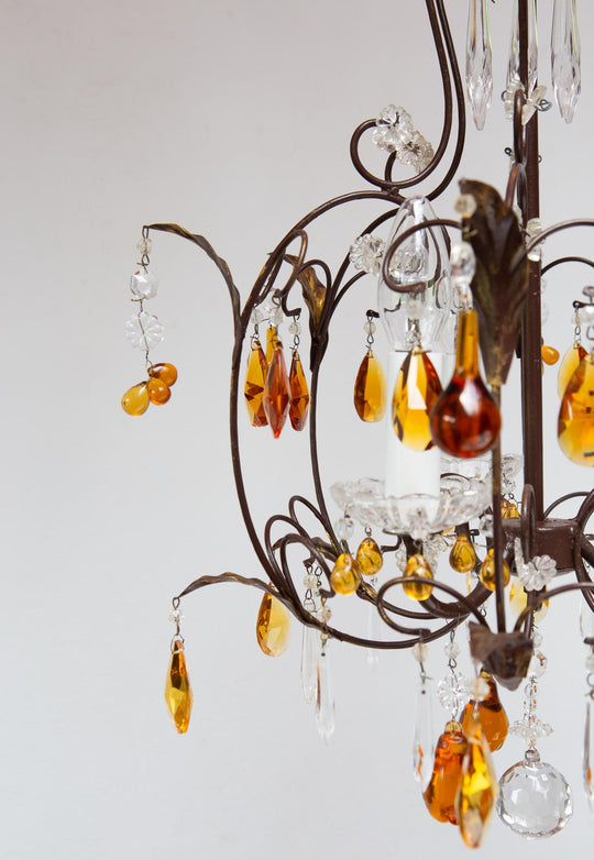 Lámpara de techo italiana "jaula" vintage cristales ámbar (44 cm)