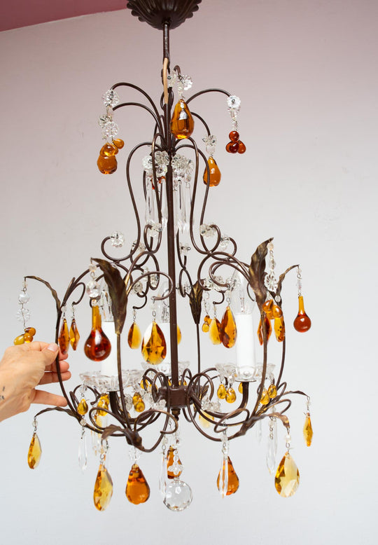 Lámpara de techo italiana "jaula" vintage cristales ámbar (44 cm)