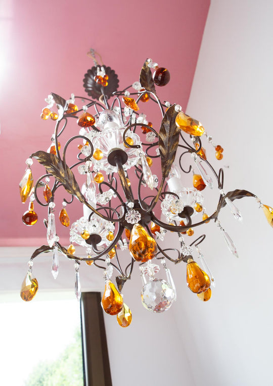 Lámpara de techo italiana "jaula" vintage cristales ámbar (44 cm)