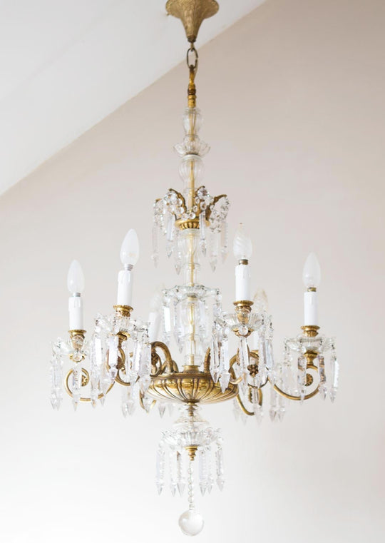 antigua lampara de araña techo bronce y cristales chandelier