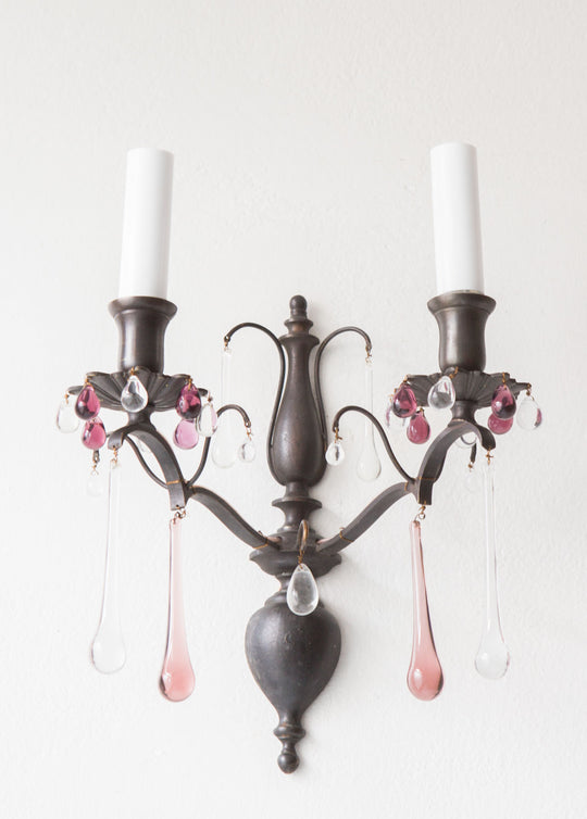 pareja antiguos apliques franceses con cristales laton patinado sconces