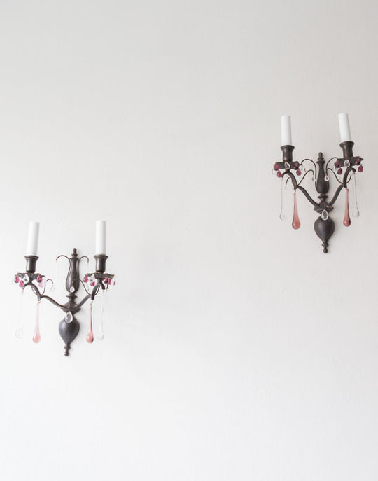 pareja antiguos apliques franceses con cristales laton patinado sconces