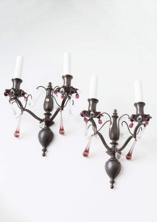 pareja antiguos apliques franceses con cristales laton patinado sconces