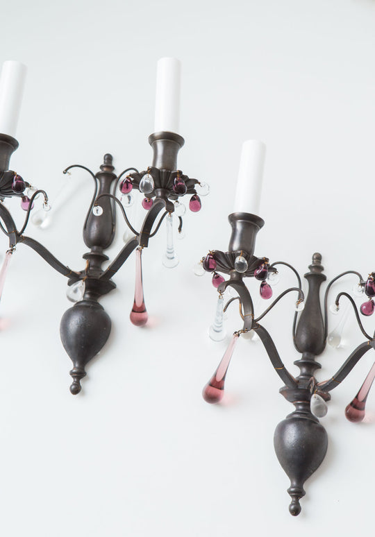 pareja antiguos apliques franceses con cristales laton patinado sconces