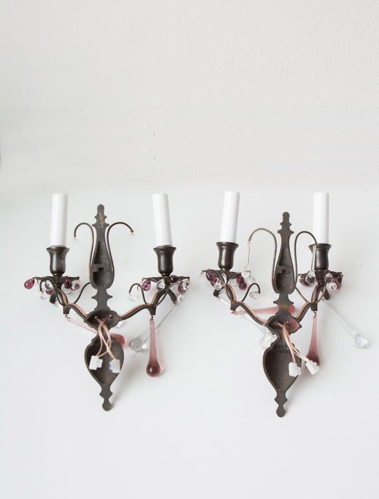 pareja antiguos apliques franceses con cristales laton patinado sconces