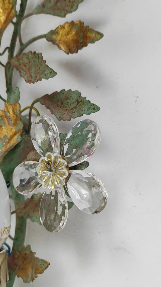 Aplique italiano metal hojas y flores cristal c. 1980s (53 cm)