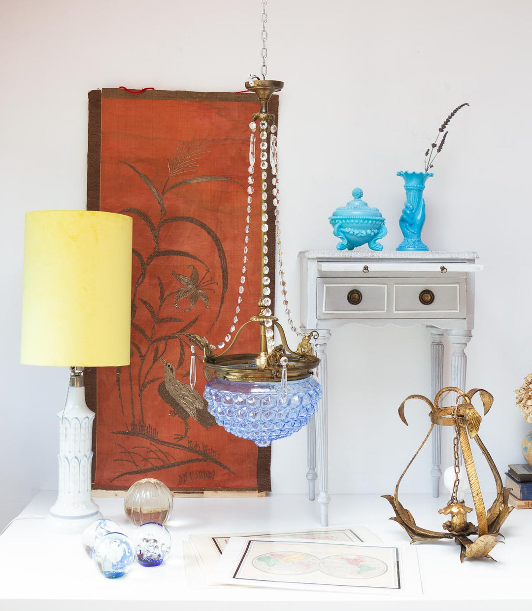 Antigua lámpara techo francesa tulipa cristal azul (31 cm)