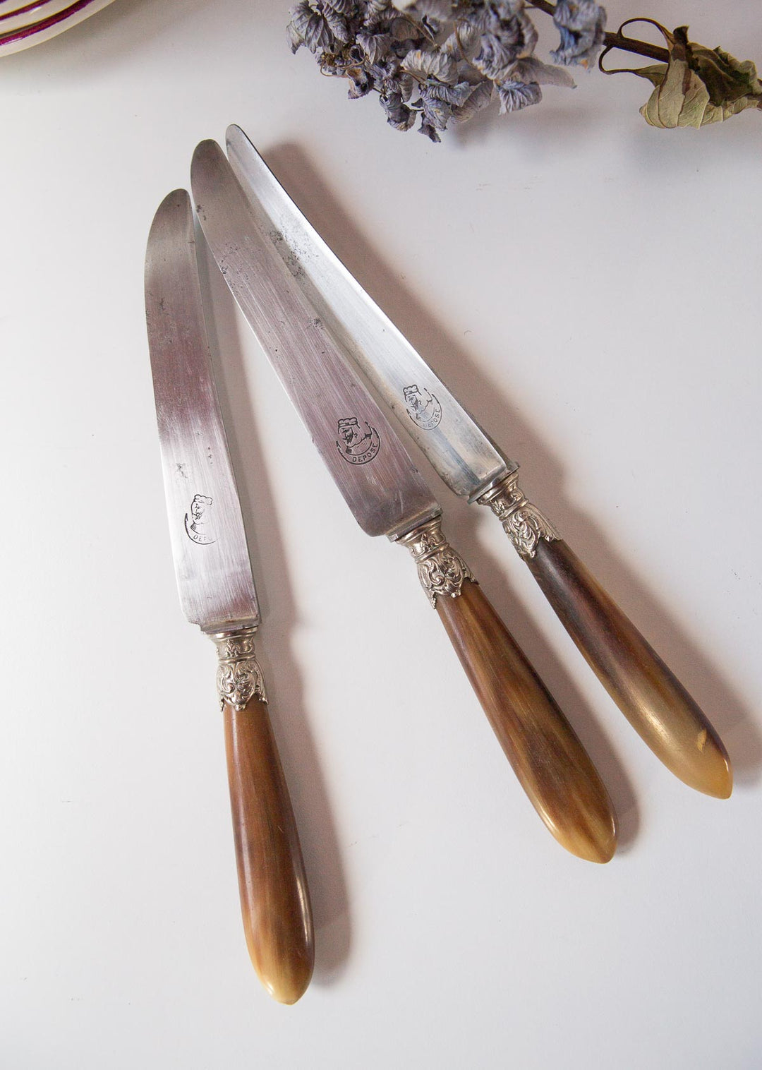 Juego 3 antiguos cuchillos mangos asta (25 cm)