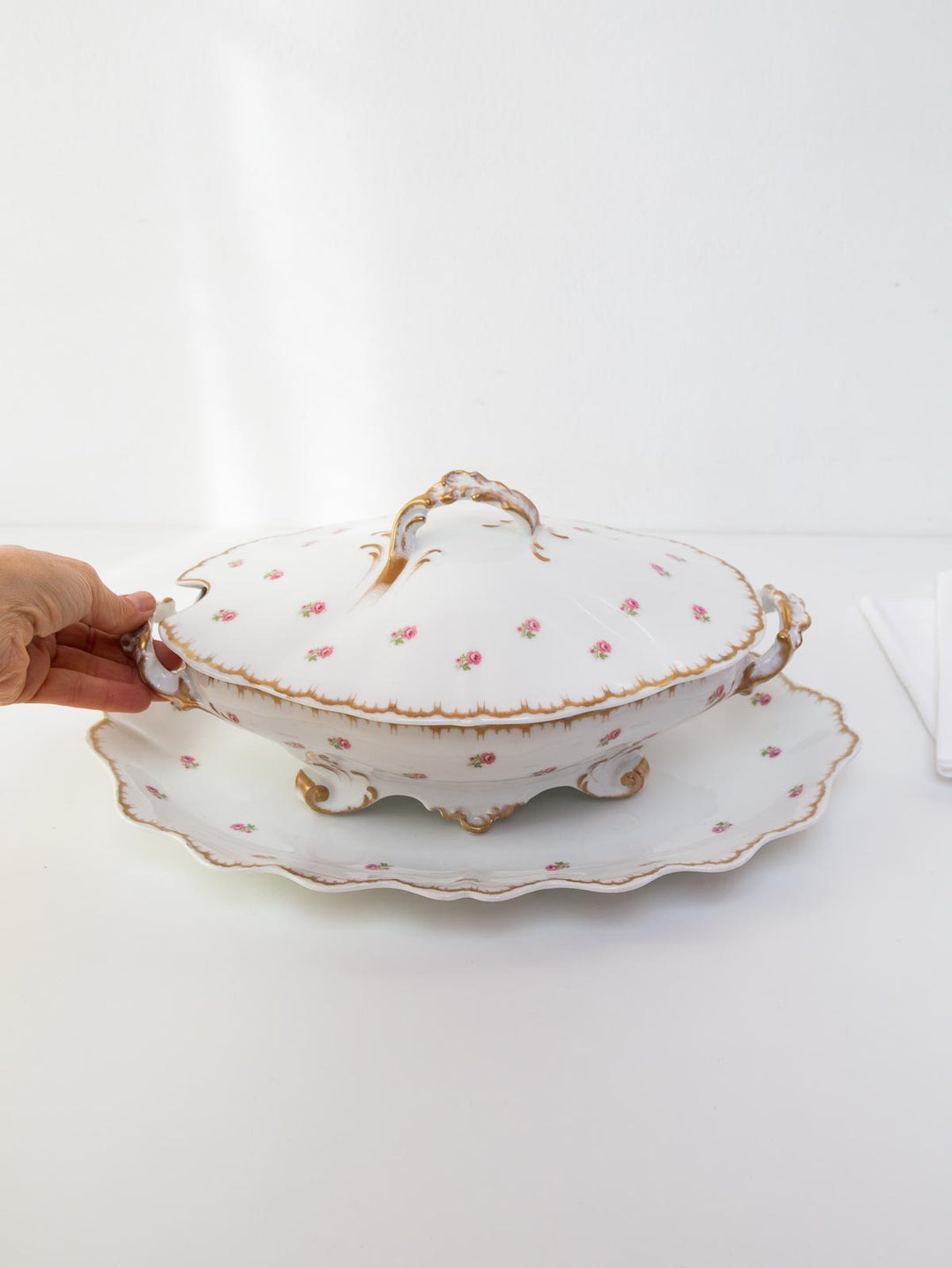 Gran sopera francesa Limoges florecillas con fuente large french tureen with plate