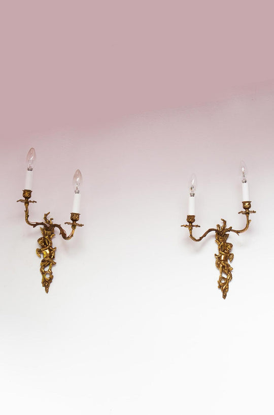 pareja apliques antiguos bronce con cupidos angeles angelotes putti wall lights