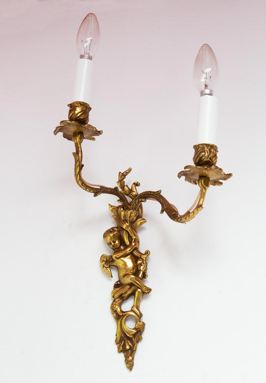 pareja apliques antiguos bronce con cupidos angeles angelotes putti wall lights