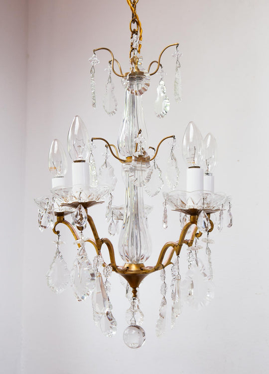 Chandelier francés bronce con cristales c. 1950/60s (38 cm)
