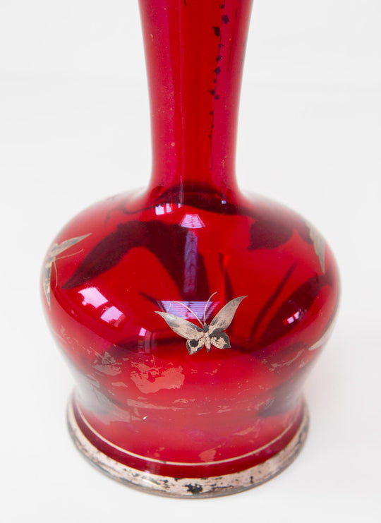 antiguo jarrón cristal rojo con pájaro aprox. 1910 