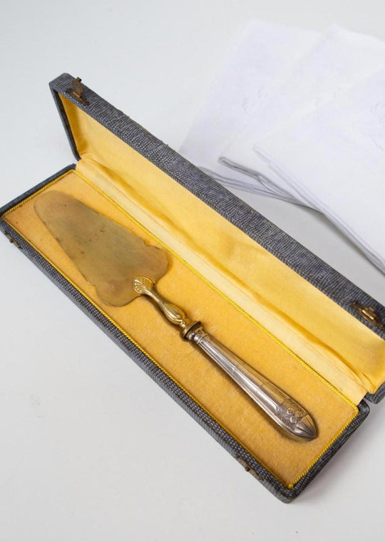 Antigua pala de tarta francesa mango plata en estuche (30,5 cm)