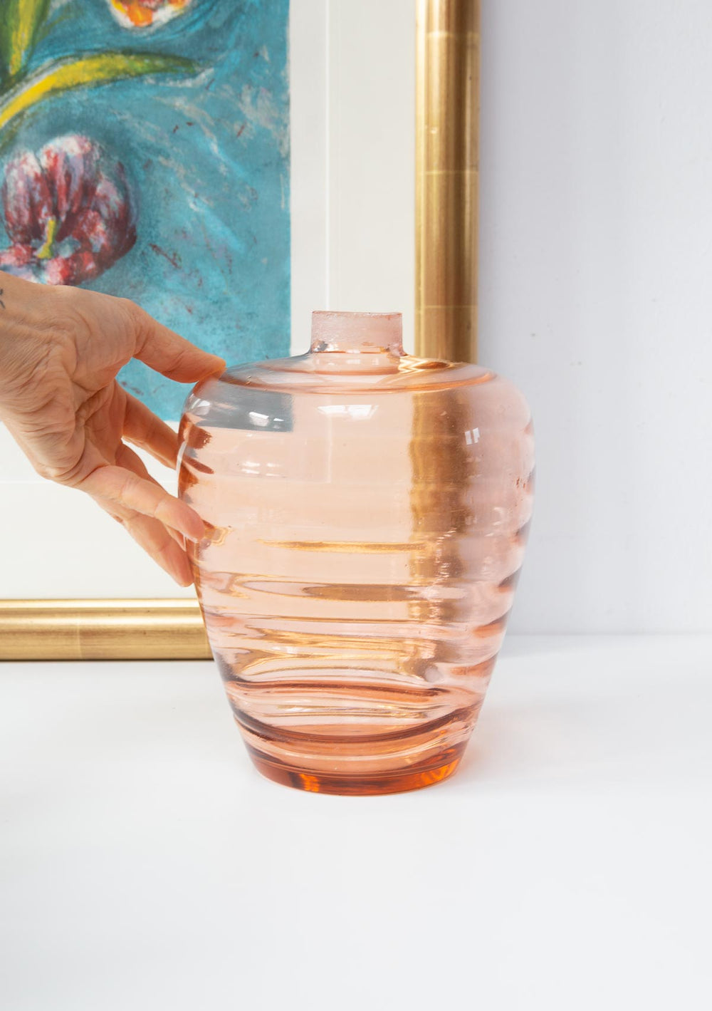 Antiguo jarrón francés cristal rosa (21 cm)