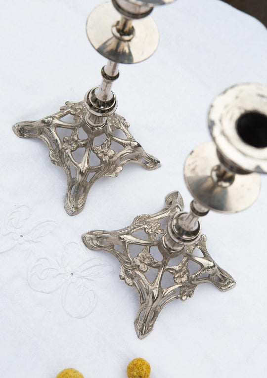 Pareja candeleros franceses zinc/zamak cromado estilo art nouveau c. 1930