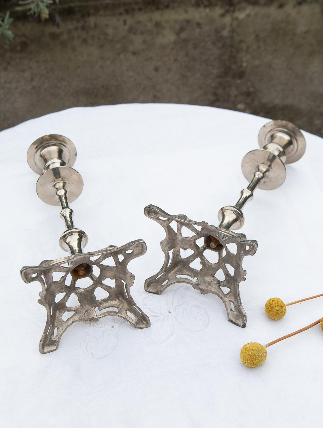Pareja candeleros franceses zinc/zamak cromado estilo art nouveau c. 1930