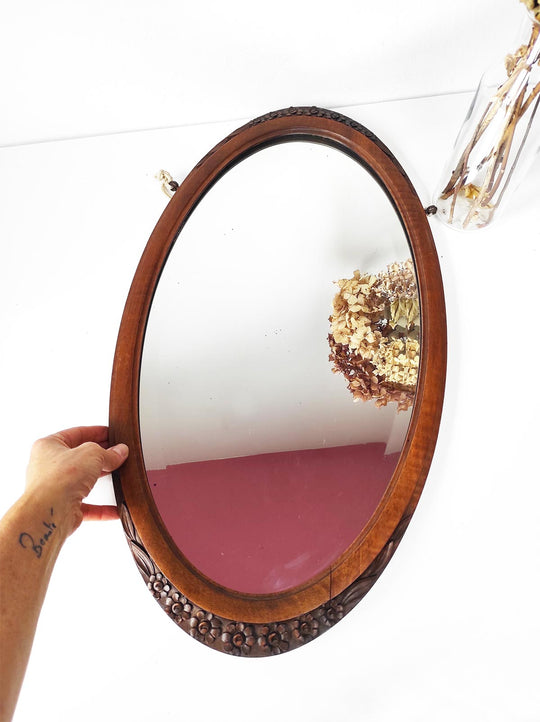 Antiguo espejo francés ovalado madera art decó (VENDIDO)