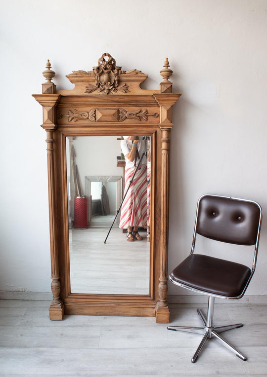 Gran espejo antiguo de madera natural cristal biselado c. 1900 (166*86 cm)