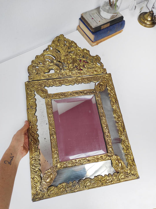 Antiguo espejo francés dorado con copete s. xix antique french mirror