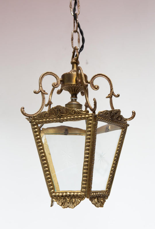 Antiguo farol bronce y cristales con estrella (24 cm)