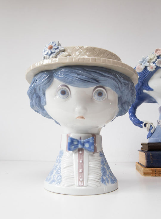 pareja esculturas lladró porcelana niño con sombrero de paja niña con trenzas maceteros 