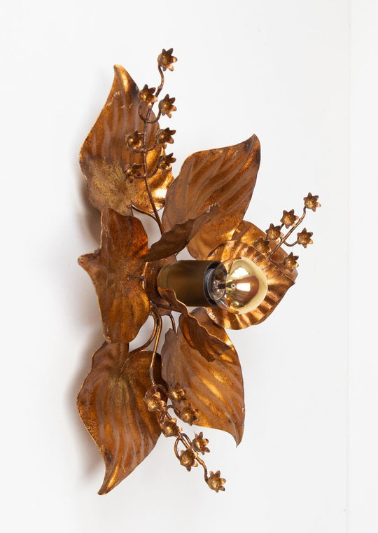 pequeno aplique pared metal dorado hojas y flores vintage wall light 