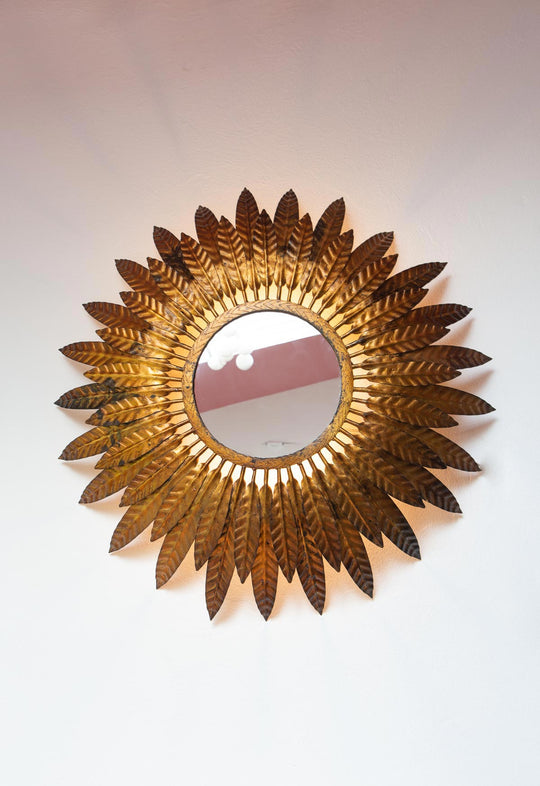 espejo sol metal dorado retroiluminado vintage gold sunburst mirror