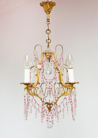 Antigua lámpara de techo francesa cristales rosa