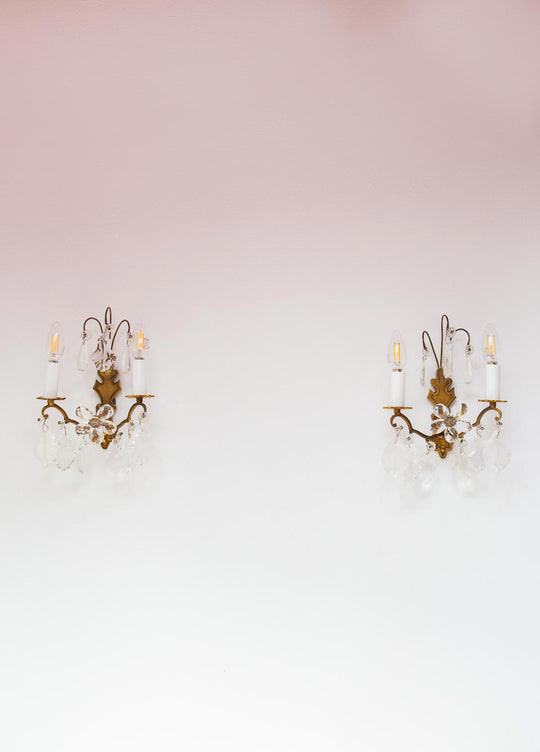pareja antiguos apliques de pared franceses laton y lagrimas cristal