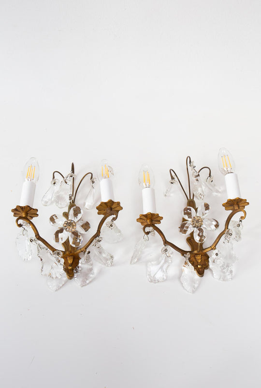 pareja antiguos apliques de pared franceses laton y lagrimas cristal