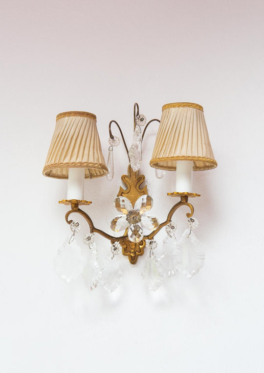 pareja antiguos apliques de pared franceses laton y lagrimas cristal