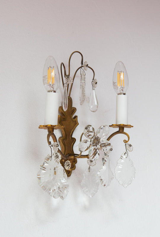 pareja antiguos apliques de pared franceses laton y lagrimas cristal