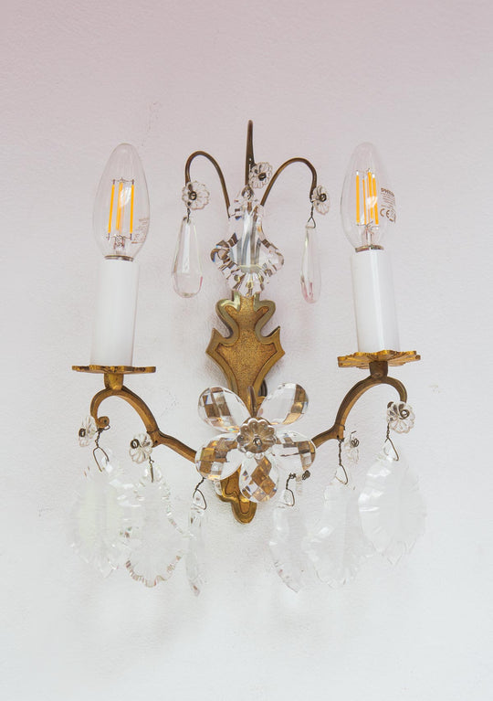 pareja antiguos apliques de pared franceses laton y lagrimas cristal