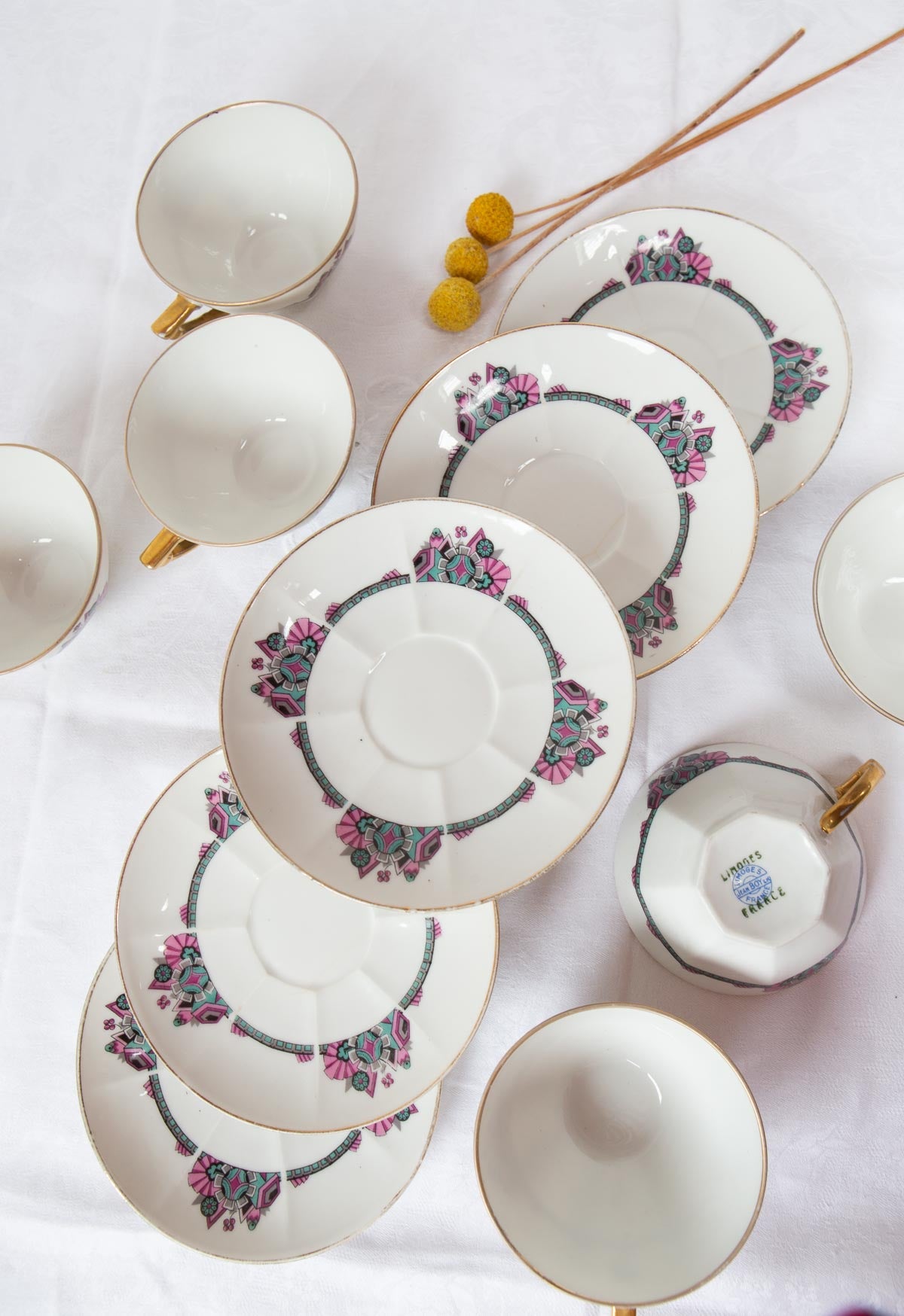 Juego de tazas y platos art decó Jean Boyer Limoges para 6