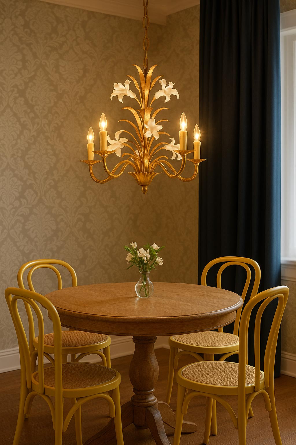 Gran lámpara de techo italiana metal dorado y flores blancas (⌀ 60 cm)