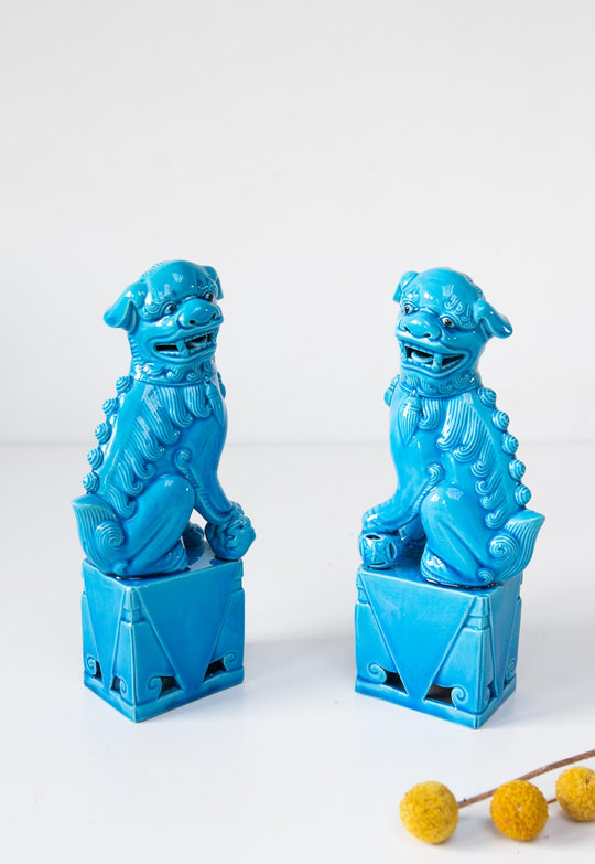 Pareja dragones chinos foo dogs porcelana azul (21 cm)