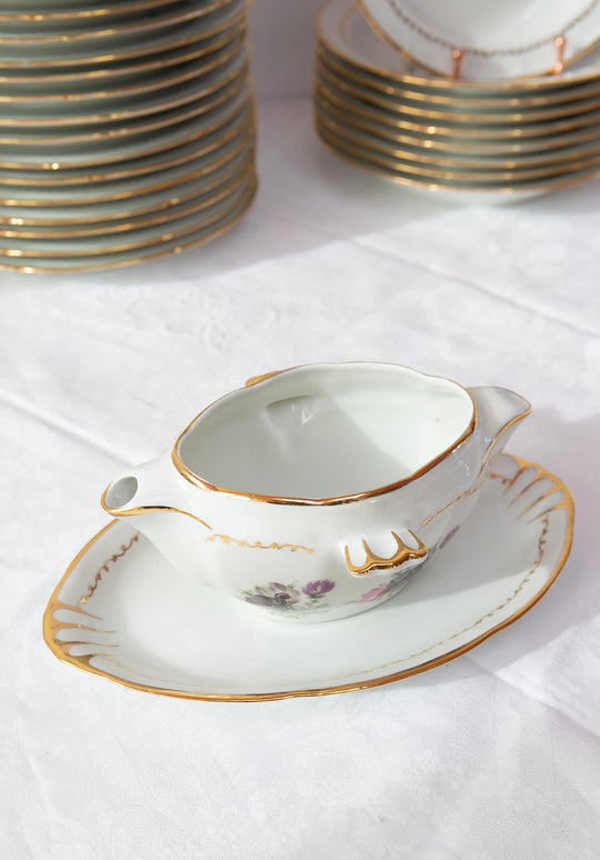 Vajilla porcelana Limoges flores violeta con dorado U. Porcelanière (28 PIEZAS)