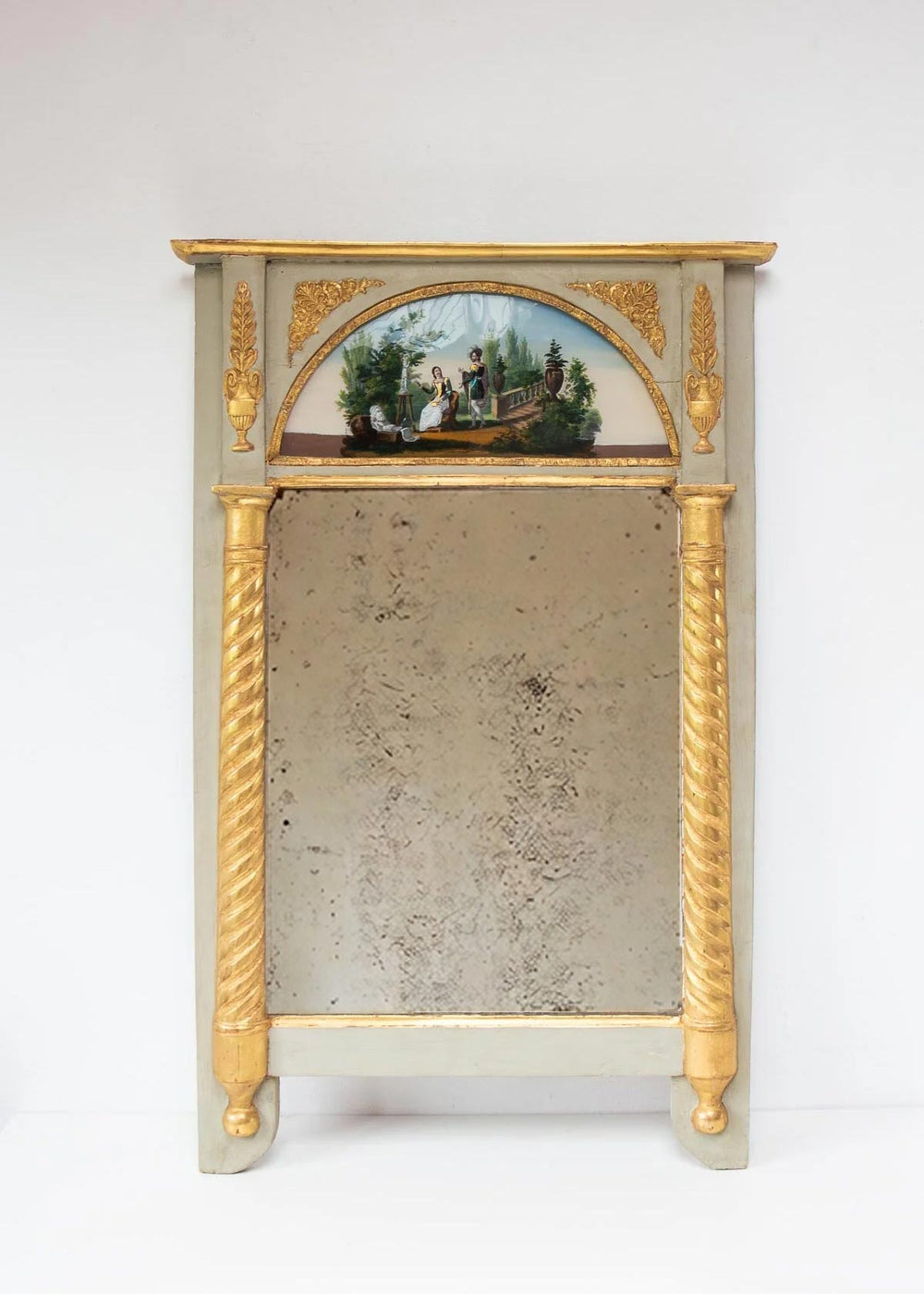 Antiguo espejo trumeau francés Restauración pintura bajo cristal c. 1830 (83,5*53,5 cm)
