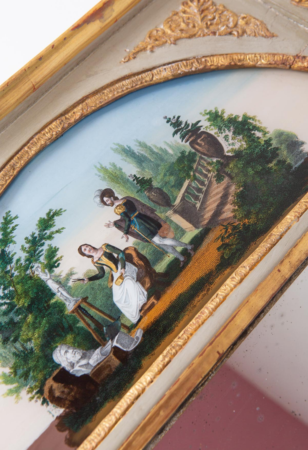 Antiguo espejo trumeau francés Restauración pintura bajo cristal c. 1830 (83,5*53,5 cm)