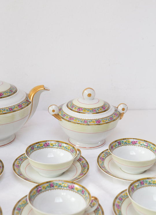 juego de te porcelana Limoges florecillas verdes y amarillas vintage tea service