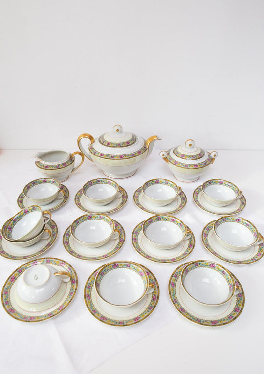 juego de te porcelana Limoges florecillas verdes y amarillas vintage tea service